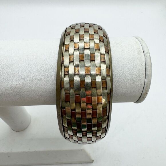 Vtg Woven Mixed Metal Brass Chunky Bangle Bracelet Boho Bohemian Copper Silver - Picture 12 of 13